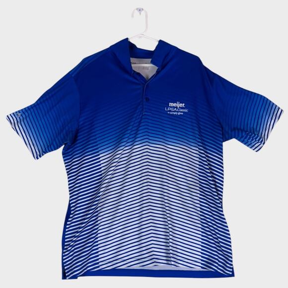 Antigua Meijer LPGA XL Blue Striped Short Sleeve Polo Shirt Polyester Spandex - Picture 1 of 6